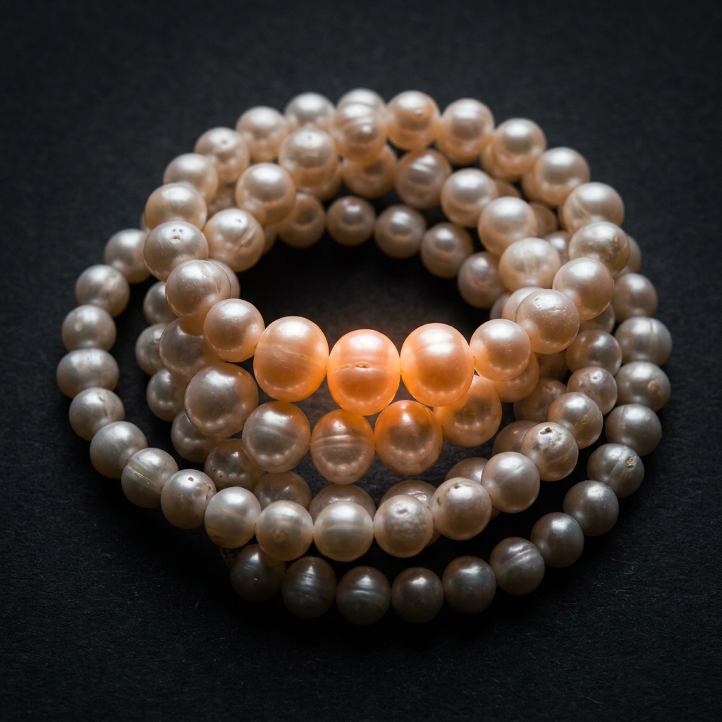 A coiled strand of pearls varying in size and sheen, glowing with warm orange light where the strand curves, resting against a dark background.