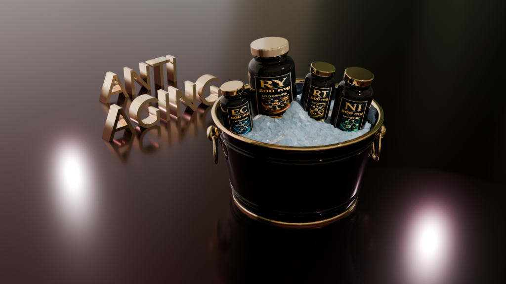 3D render of an ice bucket holding four unlabeled anti-aging supplement bottles beside gold 'ANTI AGING' letters